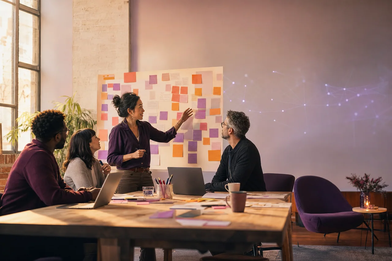 Business team building an AI adoption roadmap in a collaborative workshop.