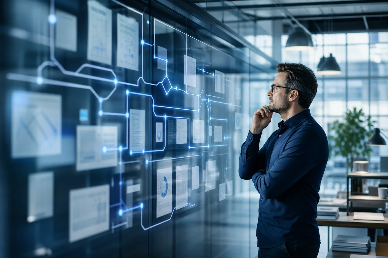 Operations leader reviewing an AI-enabled workflow and process map.